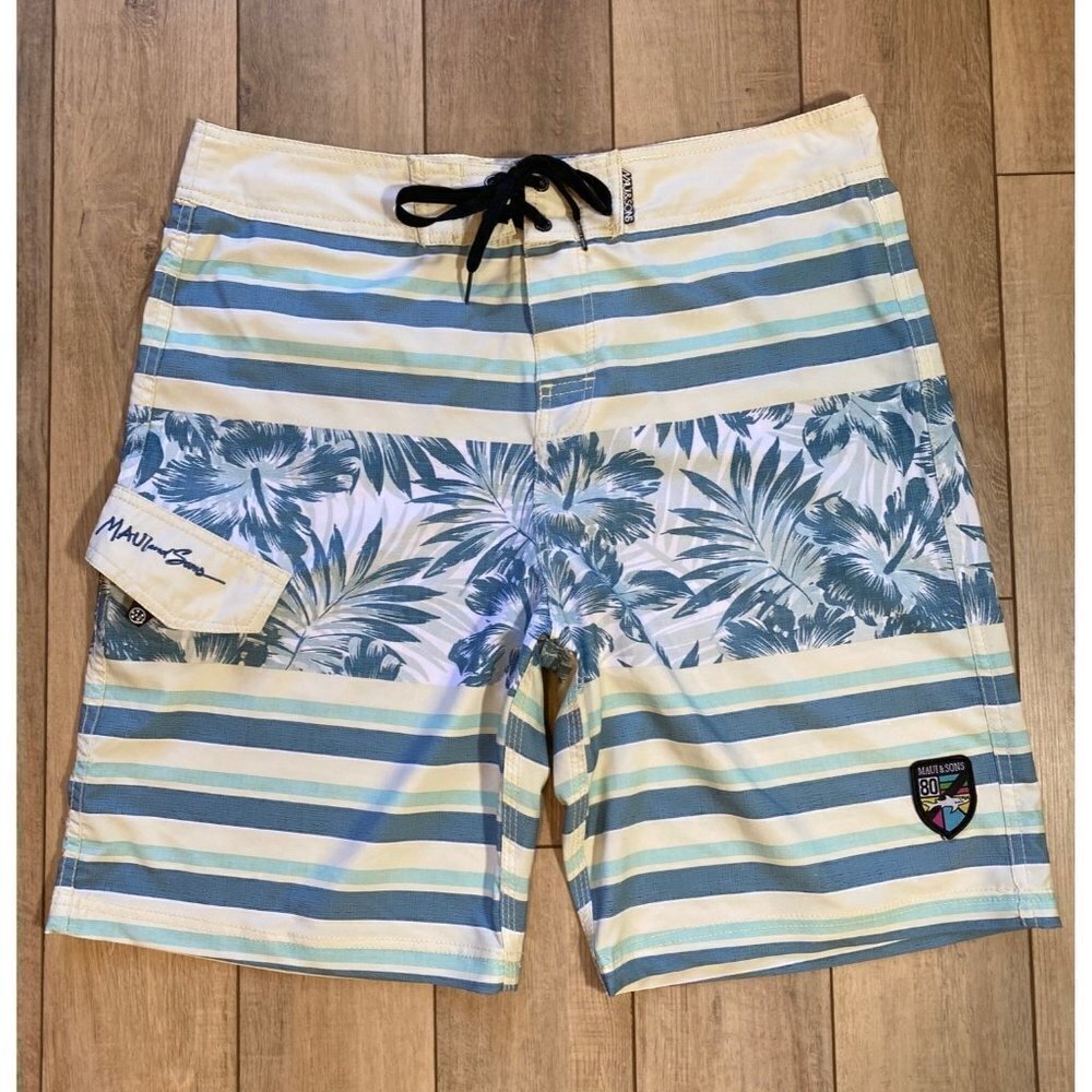 Maui and Sons Black Shark 4 Way Stretch Board Shorts Swim Mens 36 Stripes